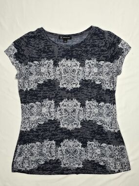 INC International Concepts Blue White Lace Burnout Rhinestone Top L